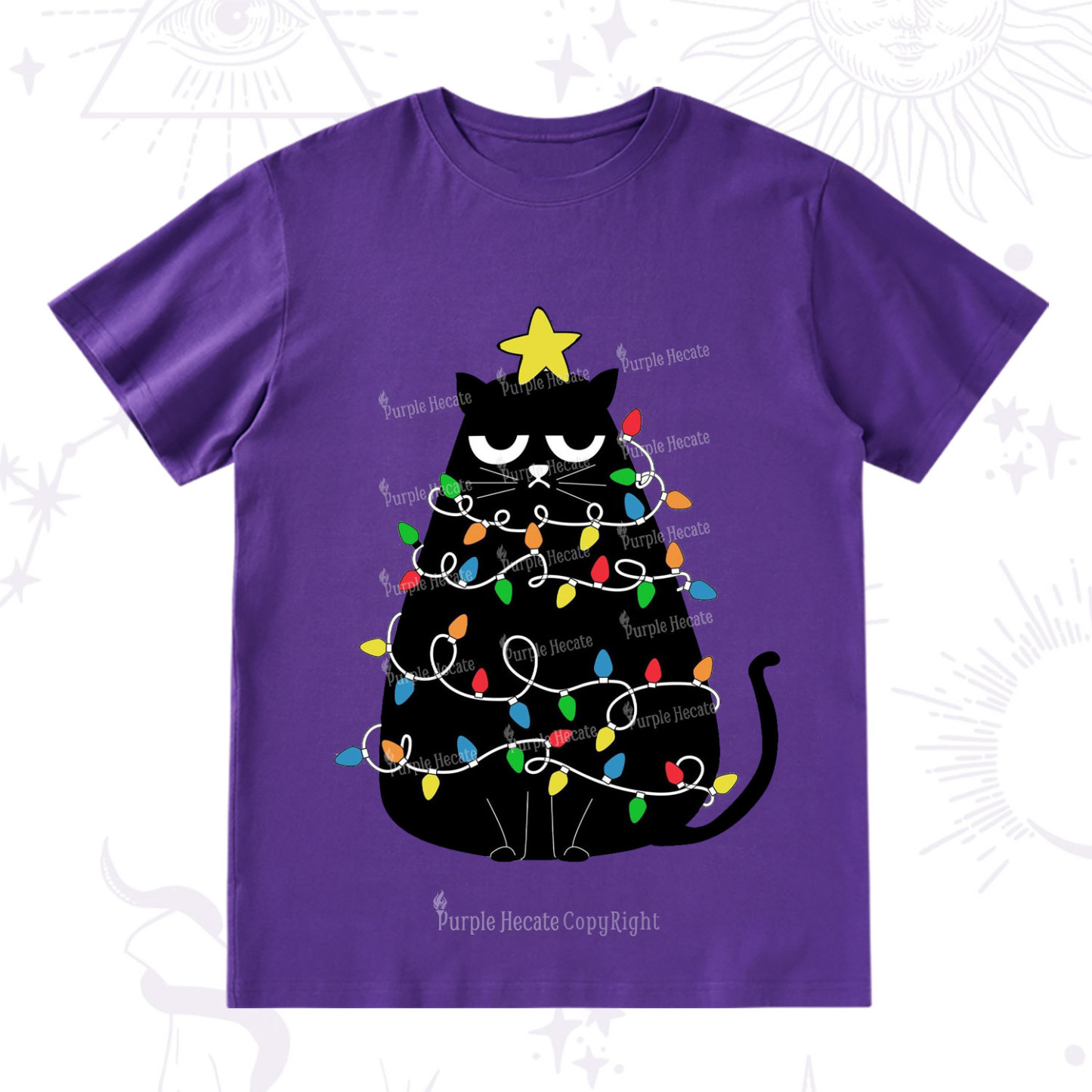 Purplehecate Black Cat in Christmas Lights T-Shirt