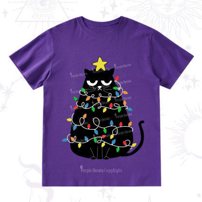 Purplehecate Black Cat in Christmas Lights T-Shirt