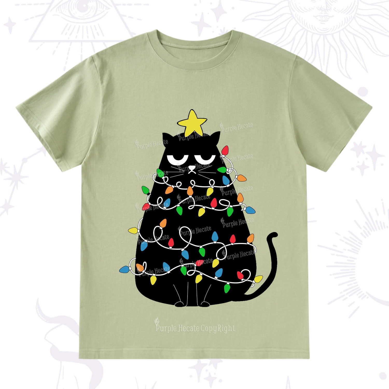 Purplehecate Black Cat in Christmas Lights T-Shirt