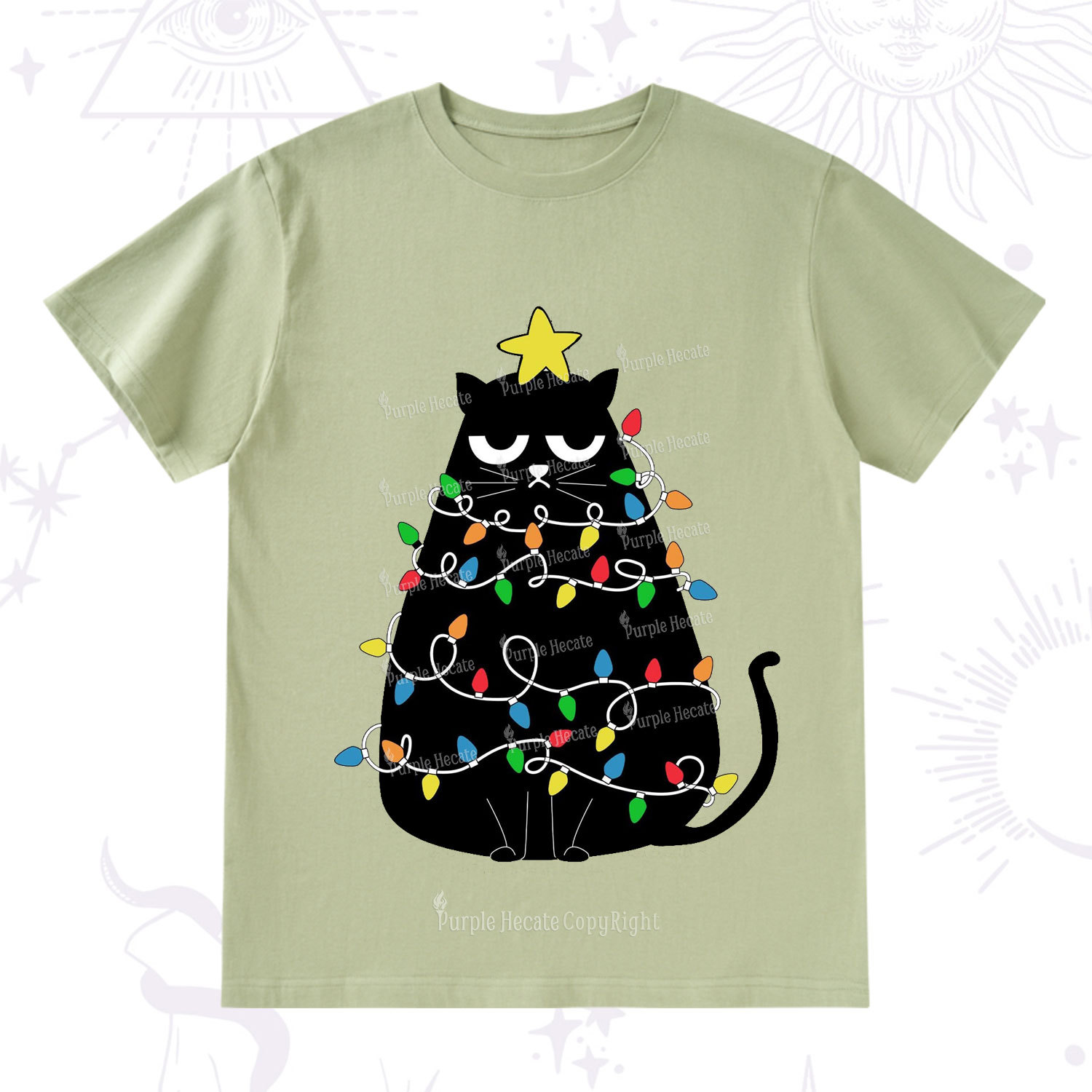 Purplehecate Black Cat in Christmas Lights T-Shirt