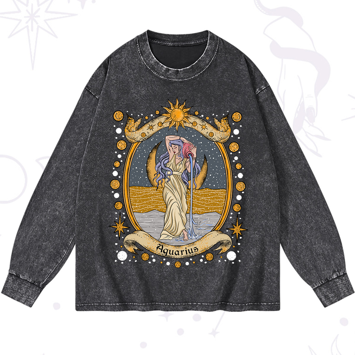 Magic Purplehecate Celestial Aquarius Zodiac Washed Long Sleeve Shirt