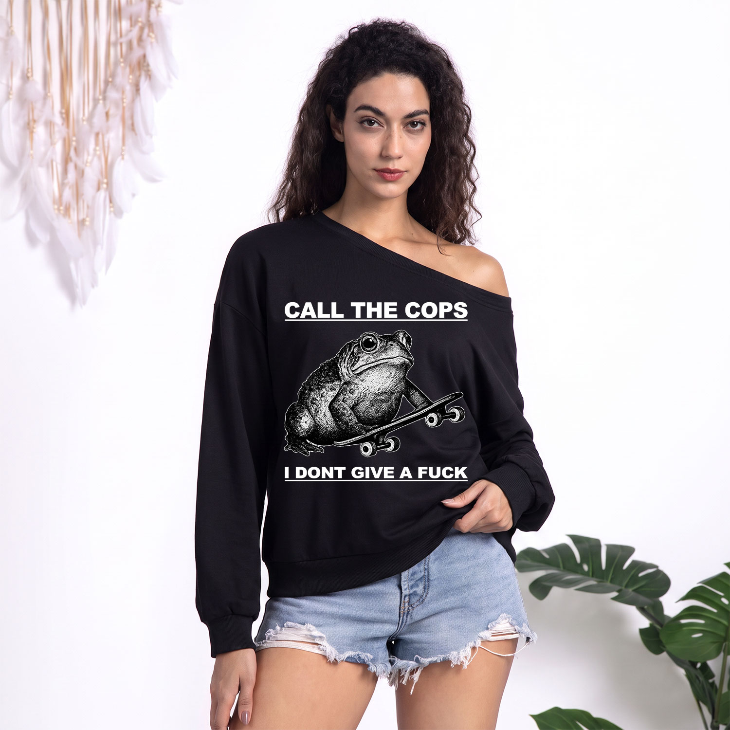 Purplehecate Call The Cops Frog One Shoulder Sweatshirt