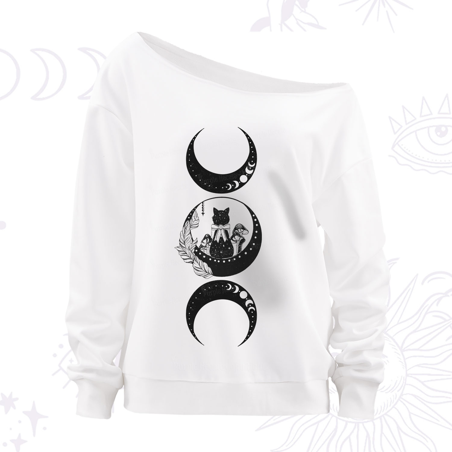 Purplehecate Cat And Moon Phases Off The Shoulder Sweatshirt