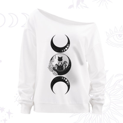 Purplehecate Cat And Moon Phases Off The Shoulder Sweatshirt