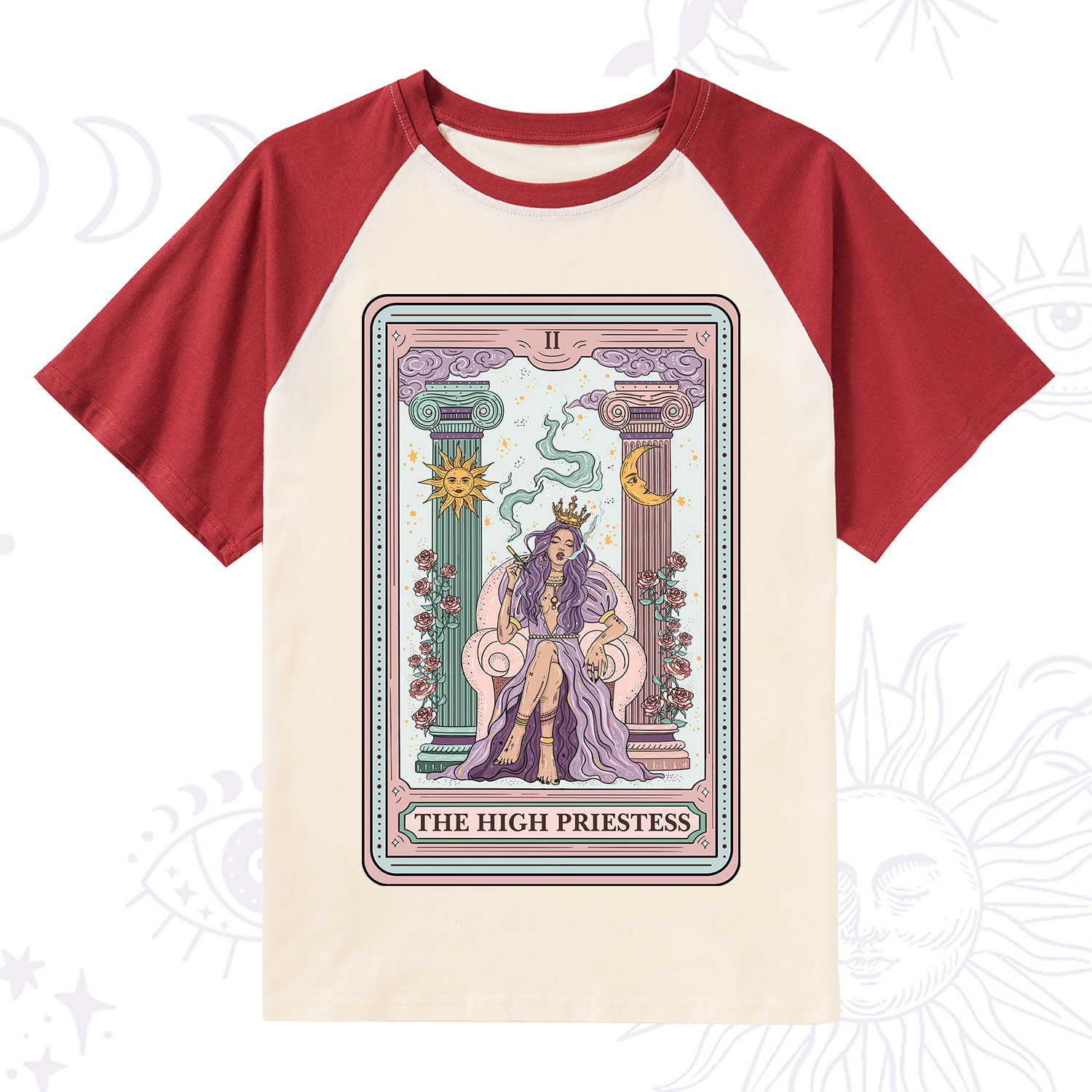 Purplehecate The High Priestess Tarot Card Raglan Short Sleeve T‑Shirt