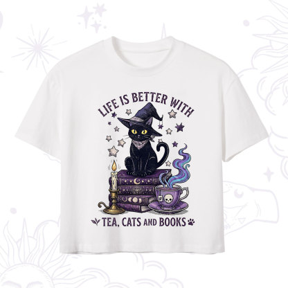 Purplehecate Life Is Better With Cats And Books Crop T-Shirt