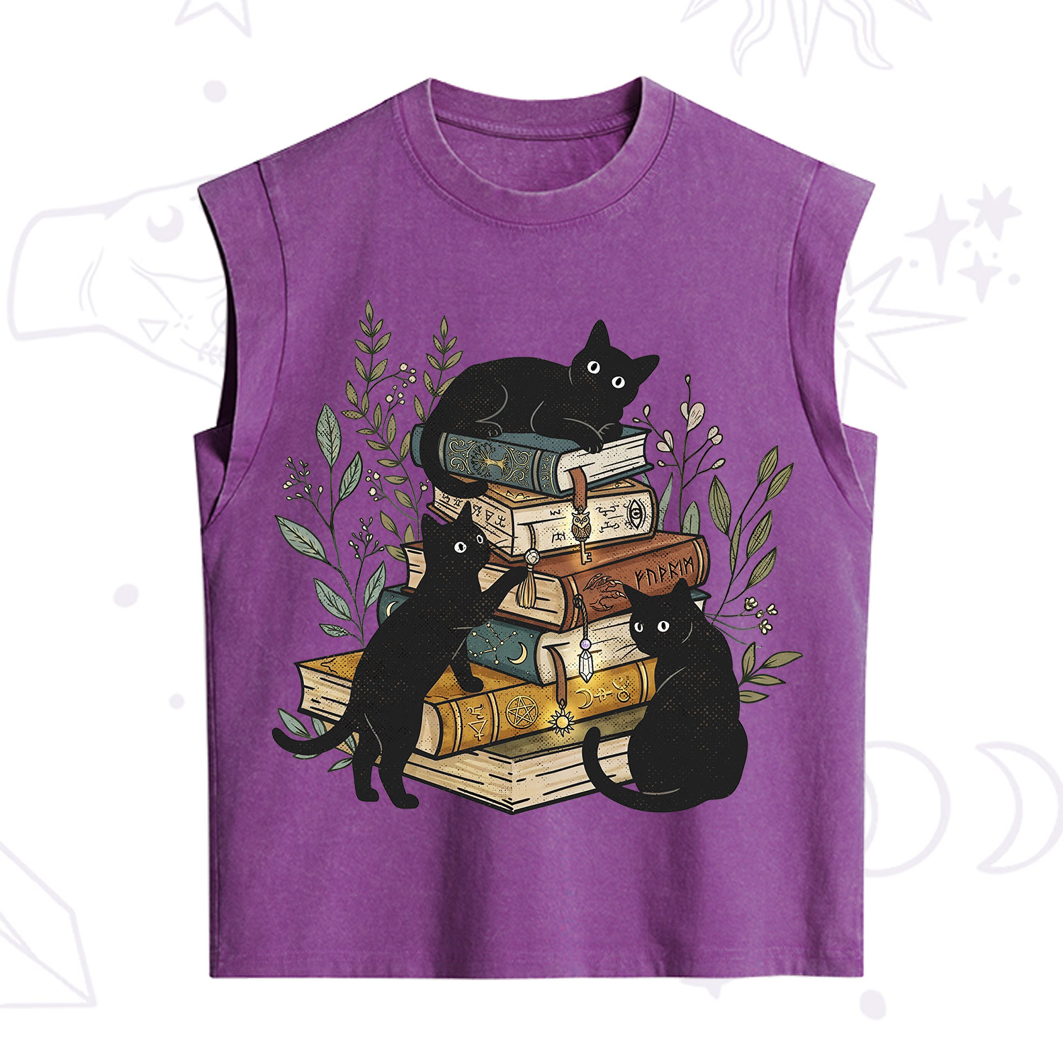 Purplehecate Enchanted Library Three Black Cats Vintage Washed Tank