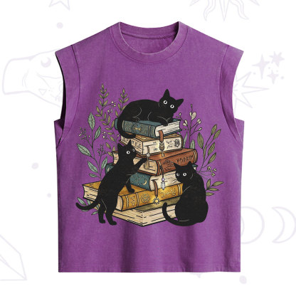 Purplehecate Enchanted Library Three Black Cats Vintage Washed Tank