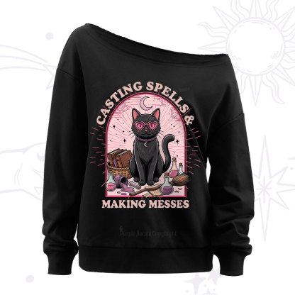 Purplehecate Casting Spells Making Messes Cat Off The Shoulder Sweatshirt