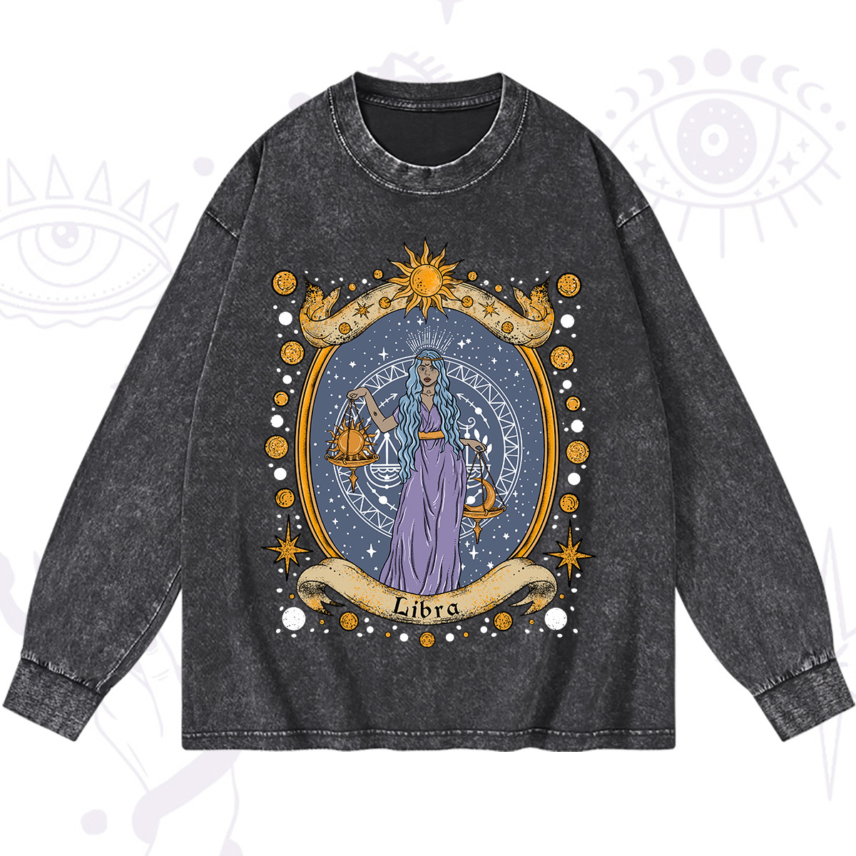 Magic Purplehecate Celestial Libra Zodiac Washed Long Sleeve Shirt