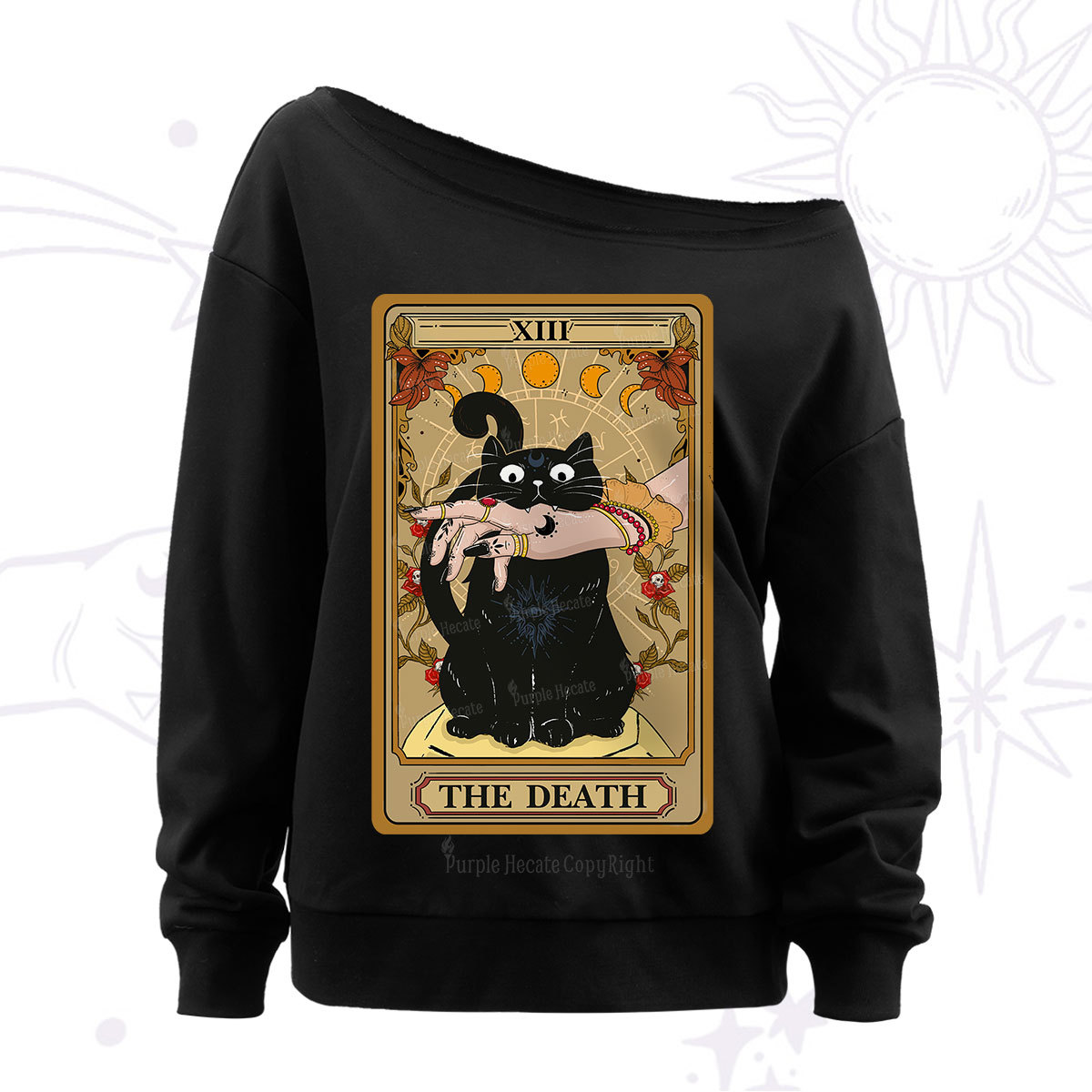 Purplehecate The Death Tarot Black Cat Off The Shoulder Sweatshirt