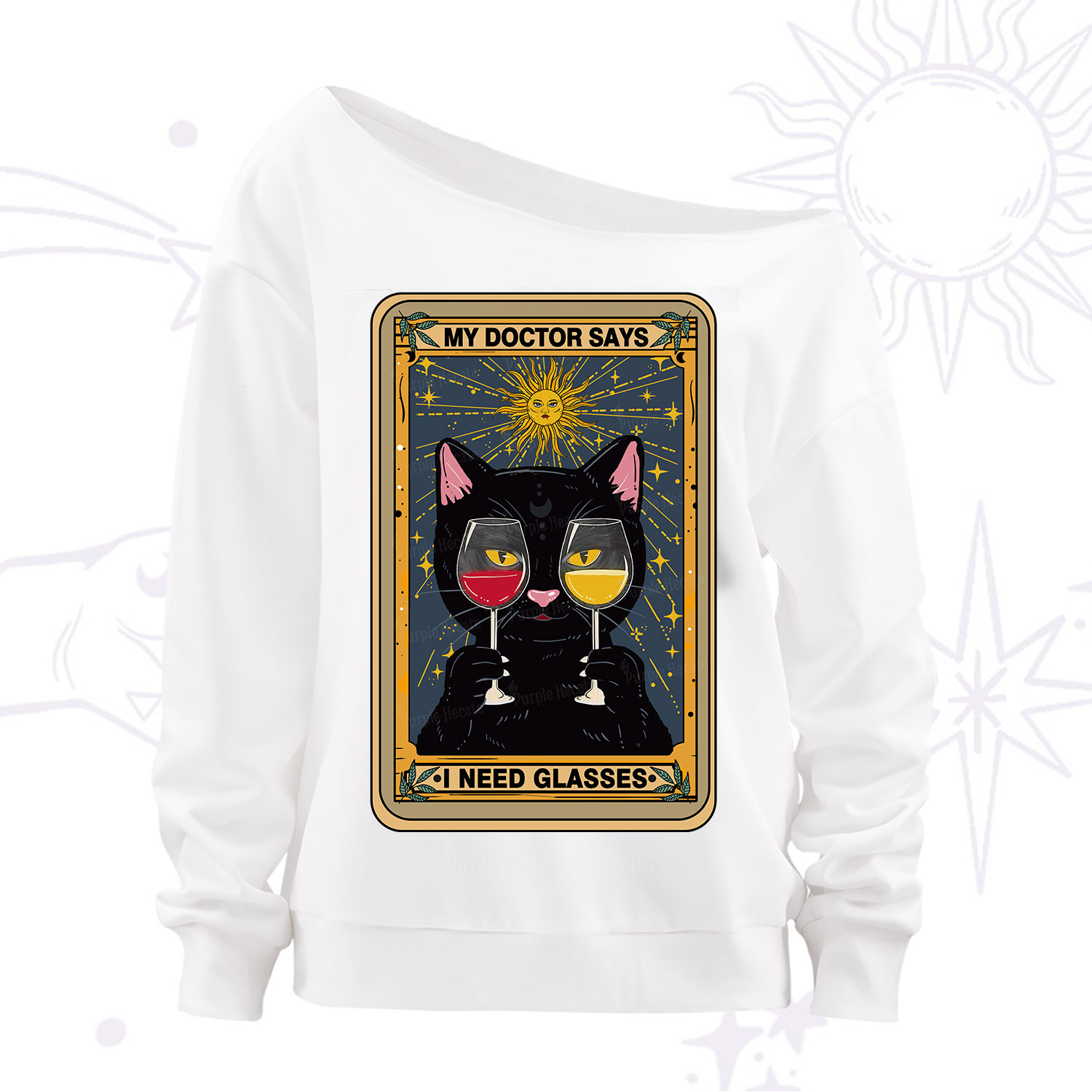 Purplehecate Funny Black Cat My Doctor Says I Need Glasses Tarot Off The Shoulder Sweatshirt