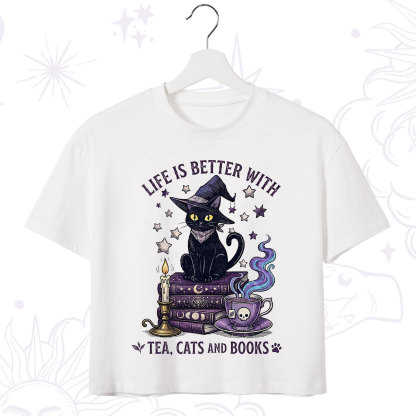 Purplehecate Life Is Better With Cats And Books Crop T-Shirt