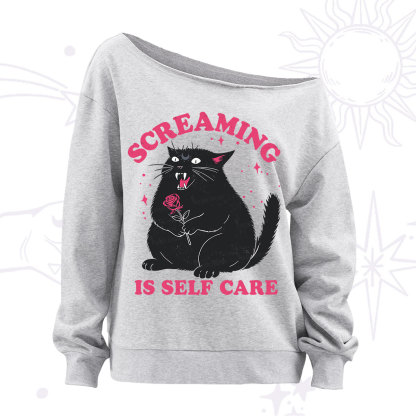 Purplehecate Funny Cat Screaming Is Self Care Off The Shoulder Sweatshirt