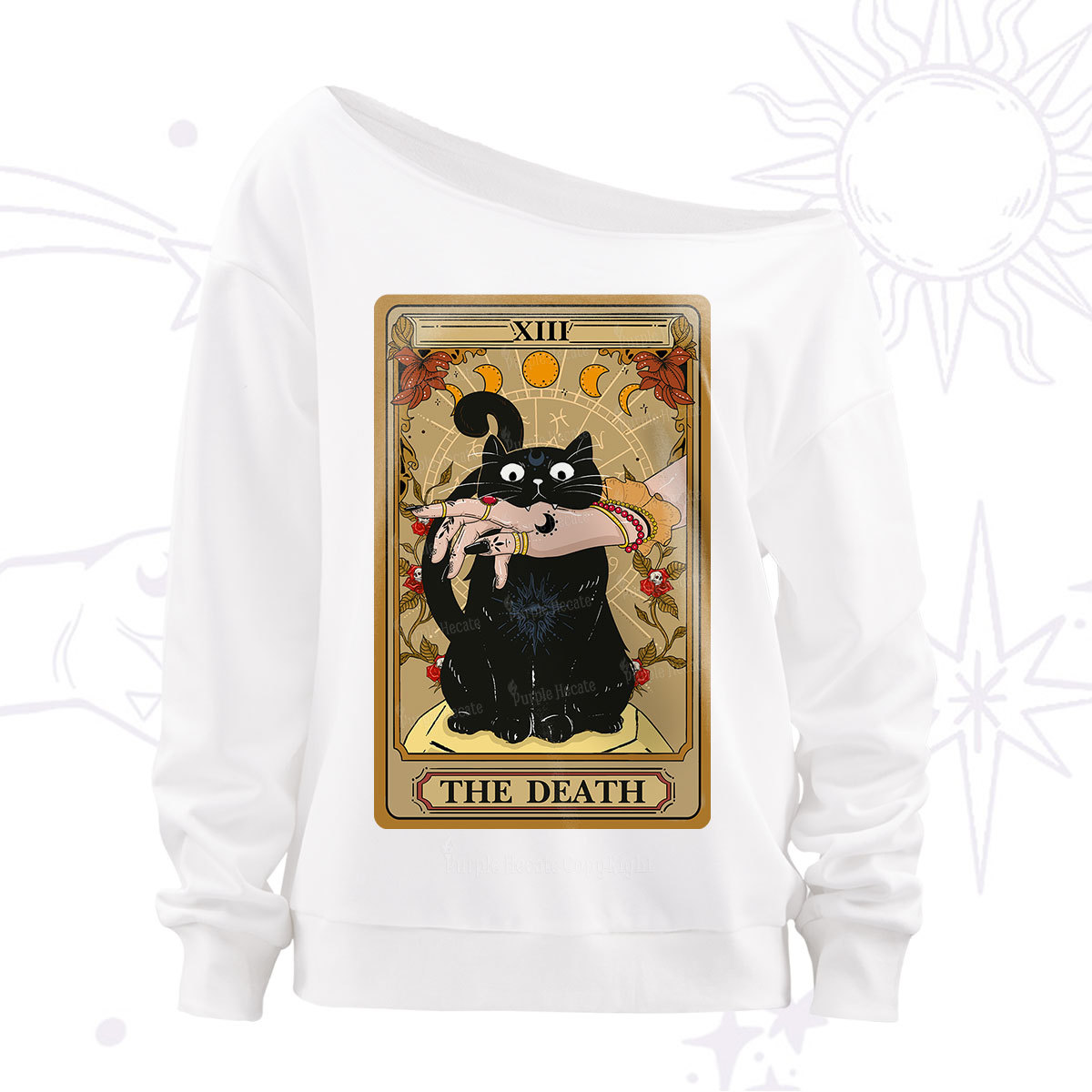 Purplehecate The Death Tarot Black Cat Off The Shoulder Sweatshirt