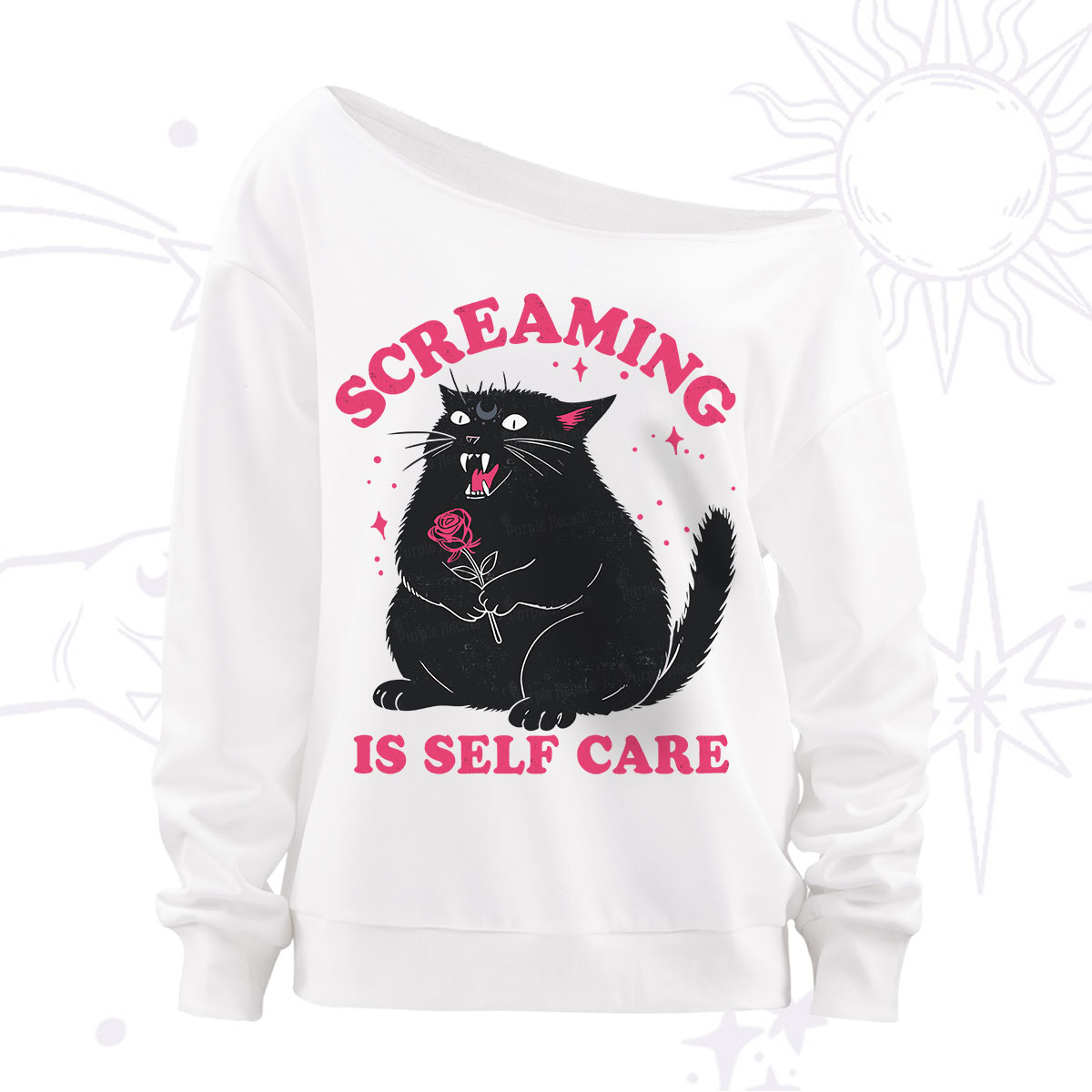 Purplehecate Funny Cat Screaming Is Self Care Off The Shoulder Sweatshirt