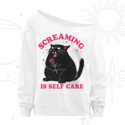 Purplehecate Funny Cat Screaming Is Self Care Off The Shoulder Sweatshirt