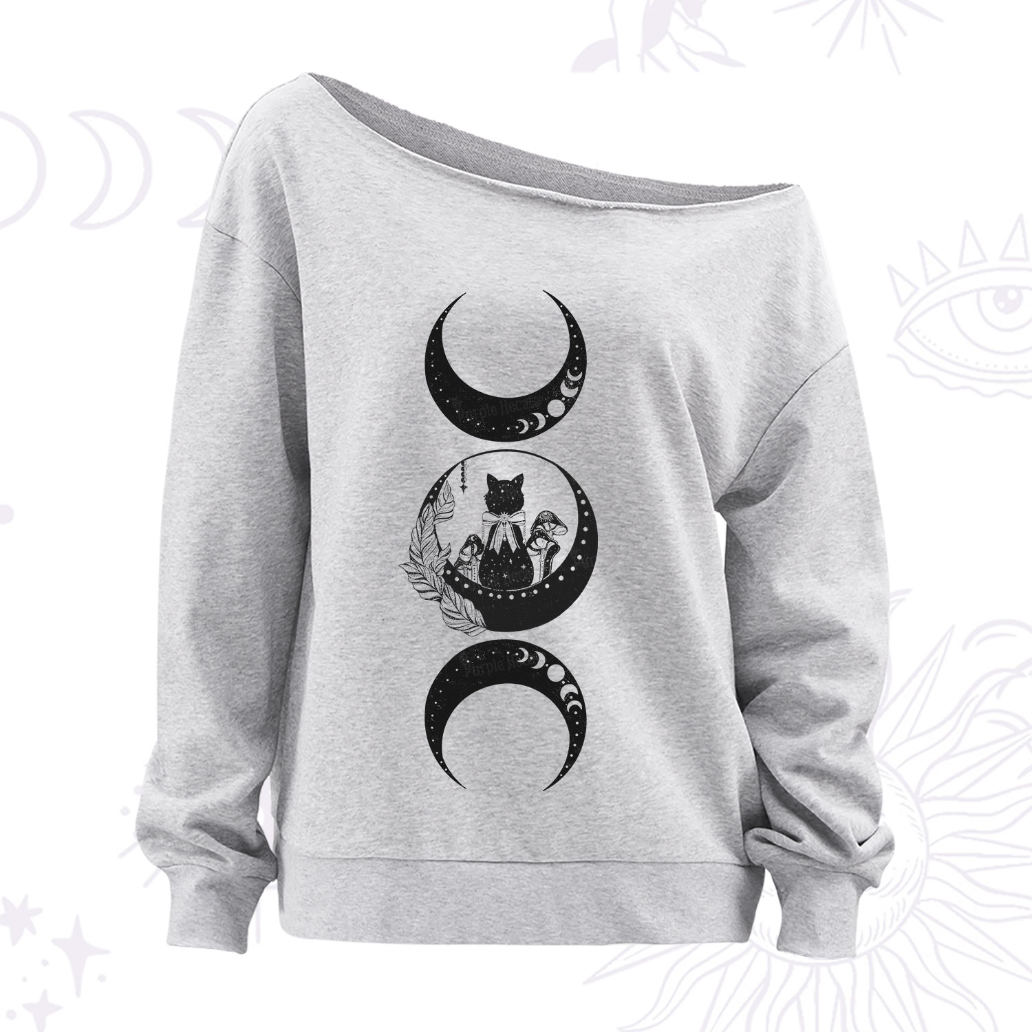 Purplehecate Cat And Moon Phases Off The Shoulder Sweatshirt