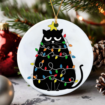 Purplehecate Black Cat in Christmas Lights Christmas Ornament
