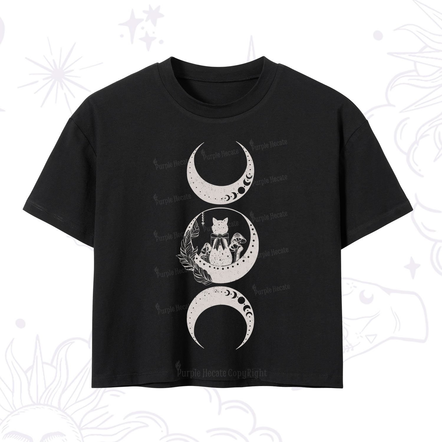 Purplehecate Cat And Moon Phases Crop T-Shirt