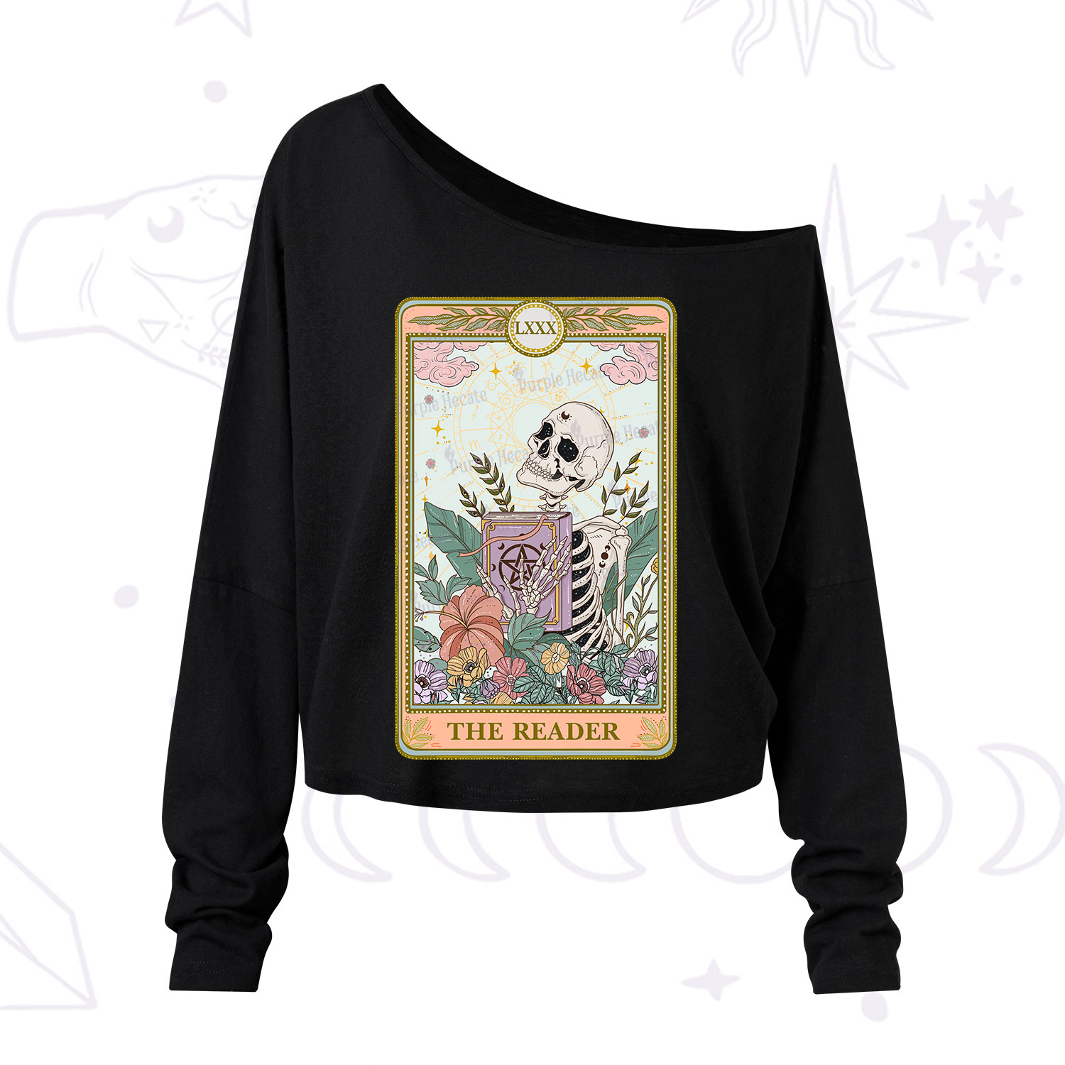 Purplehecate The Reader Occult Tarot Skeleton One Shoulder Long Sleeve Shirt