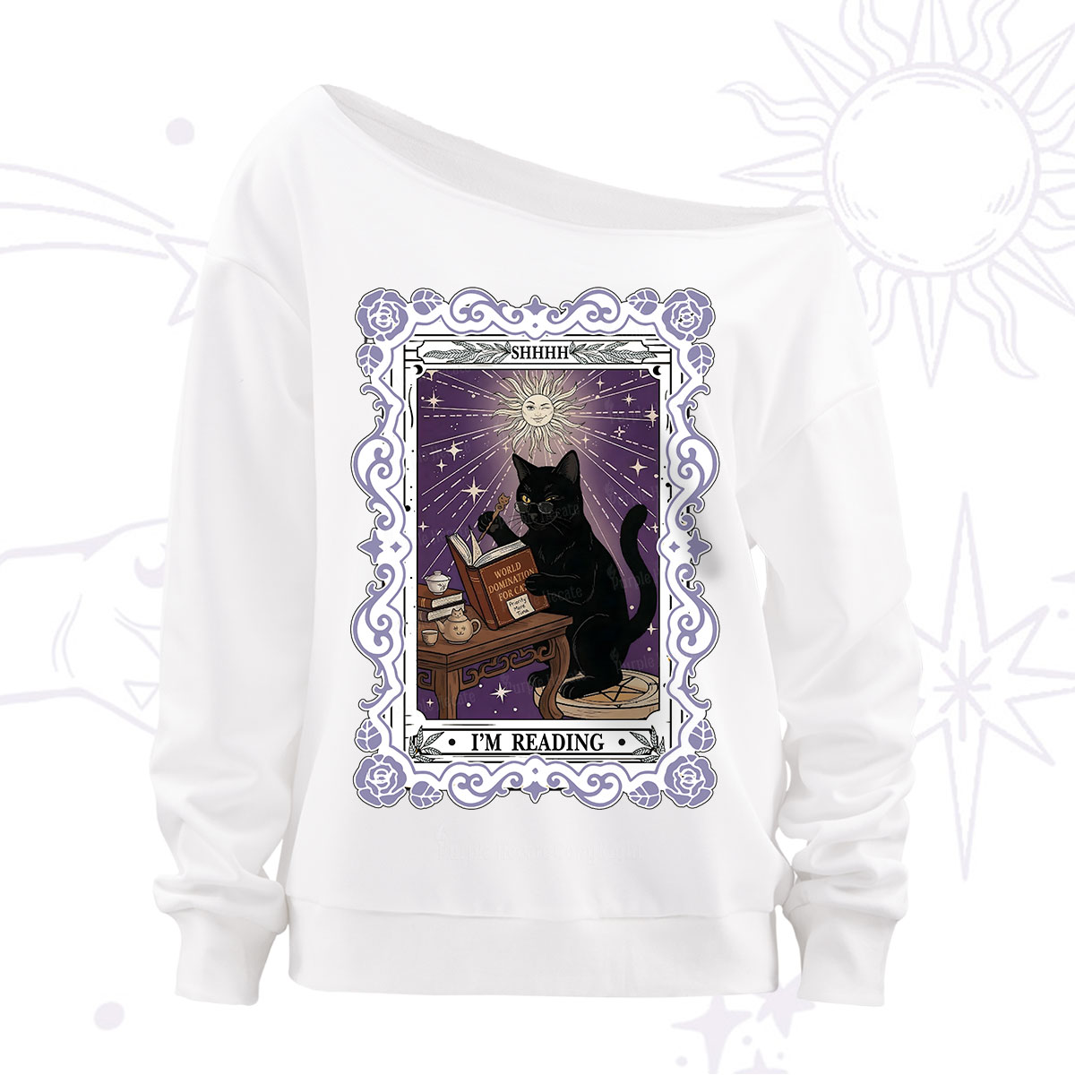 Purplehecate The Reading Cat Tarot Off The Shoulder Sweatshirt