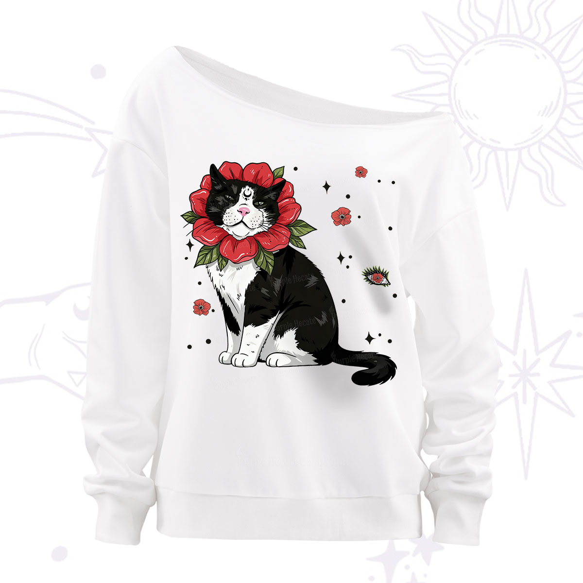 Purplehecate Cat in Flower Crown Off The Shoulder Sweatshirt