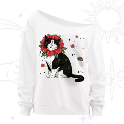 Purplehecate Cat in Flower Crown Off The Shoulder Sweatshirt