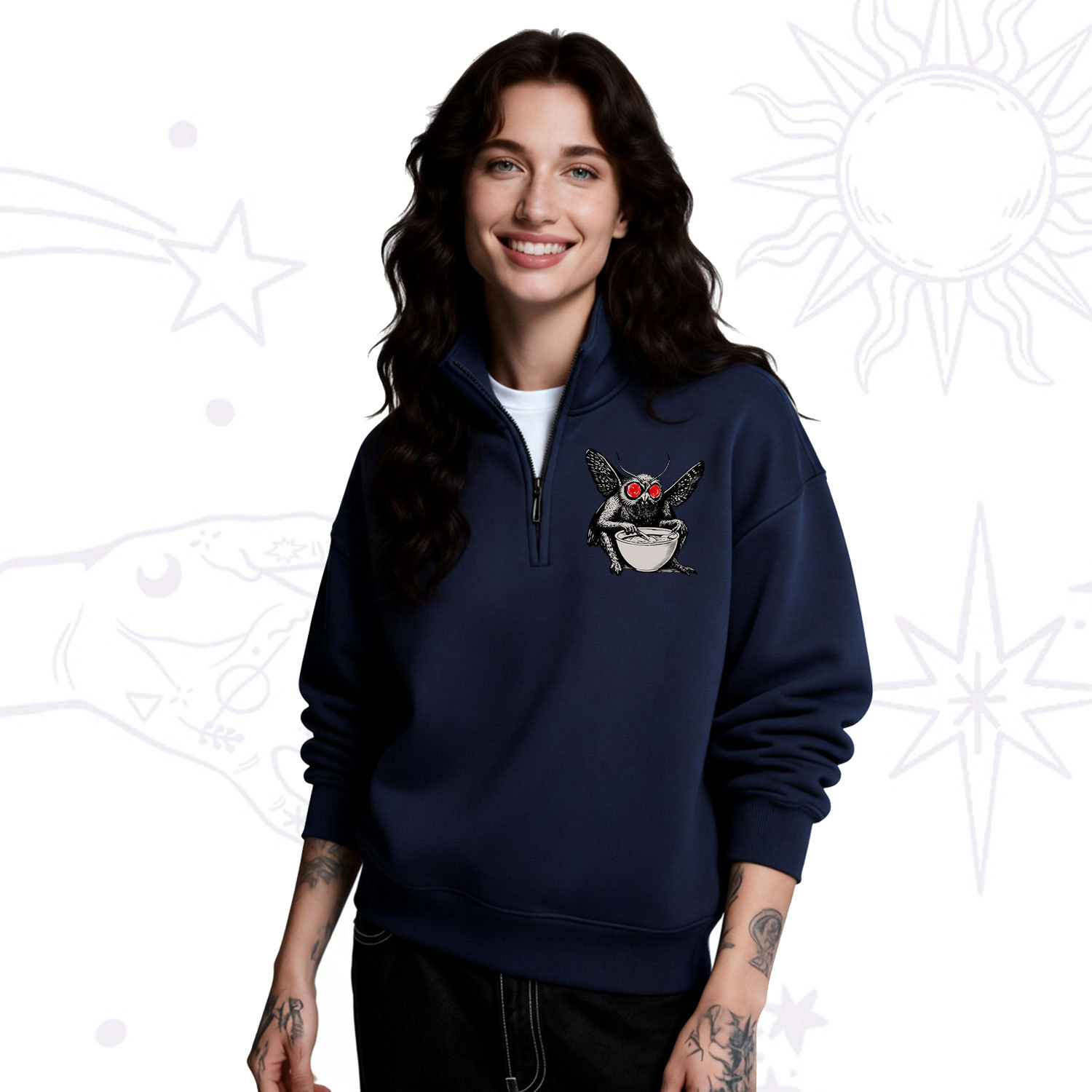 Purplehecate Mothman Eating Soup Zip Fleece Sweatshirt
