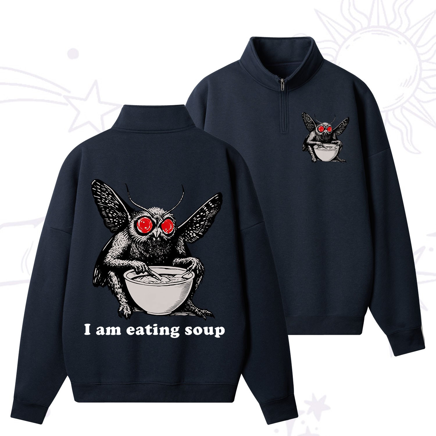 Purplehecate Mothman Eating Soup Zip Fleece Sweatshirt
