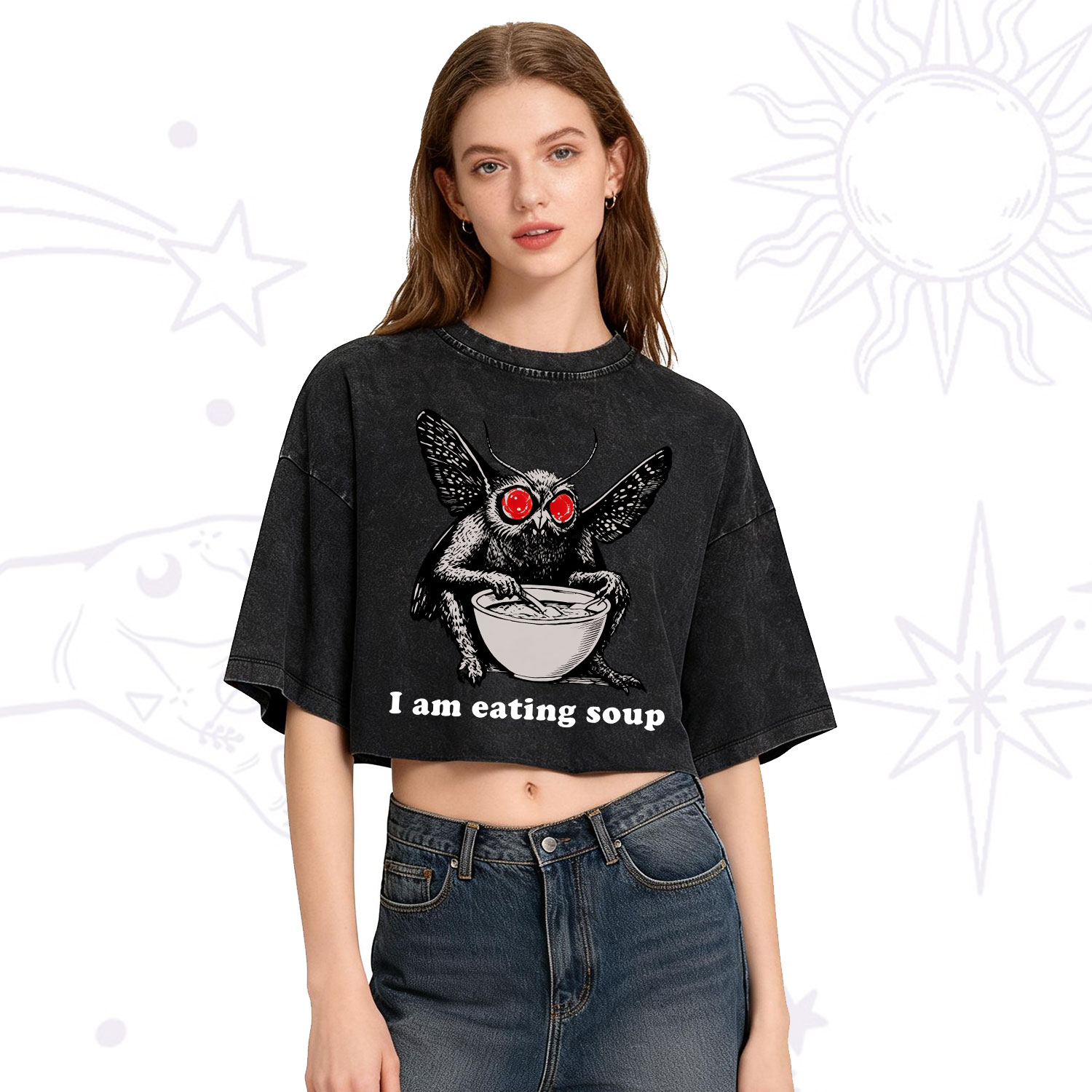 Purplehecate Mothman Eating Soup Washed Cropped T-Shirt