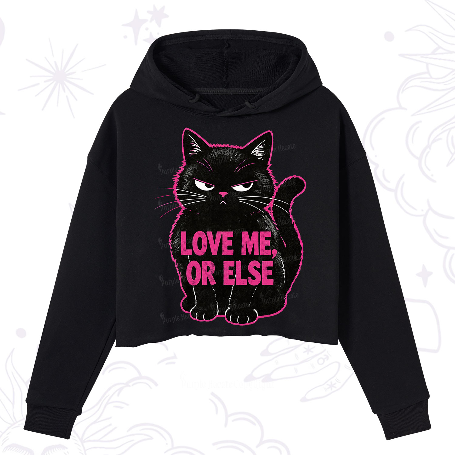 Purplehecate Grumpy Black Cat Love Me or Else Crop Hoodie