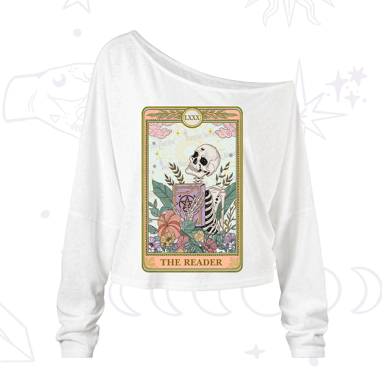 Purplehecate The Reader Occult Tarot Skeleton One Shoulder Long Sleeve Shirt