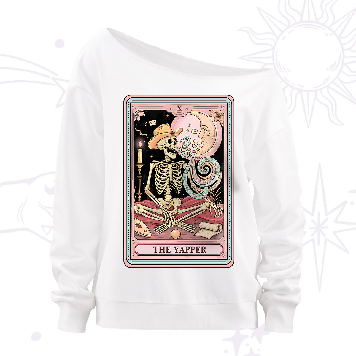Purplehecate The Skeleton Yapper Tarot Off The Shoulder Sweatshirt