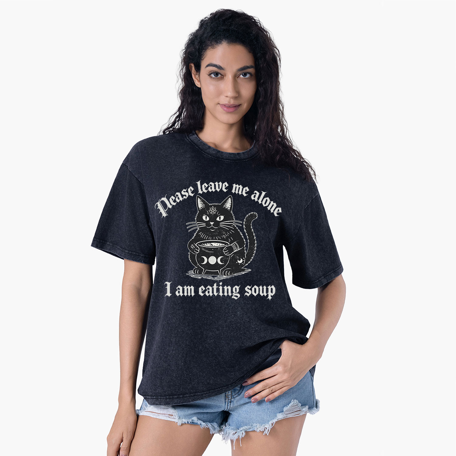 Purplehecate Magic Cat Eating Soup Washed T-Shirt