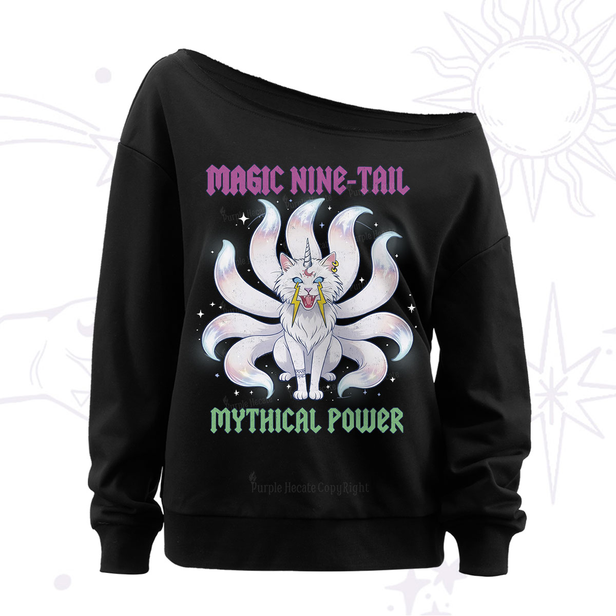 Purplehecate Magic Nine Tail Cat Off The Shoulder Sweatshirt