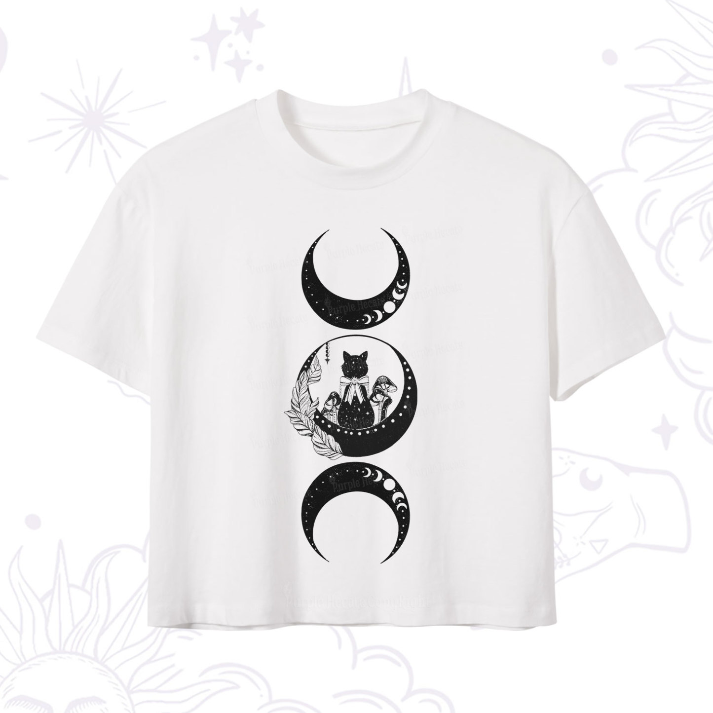Purplehecate Cat And Moon Phases Crop T-Shirt