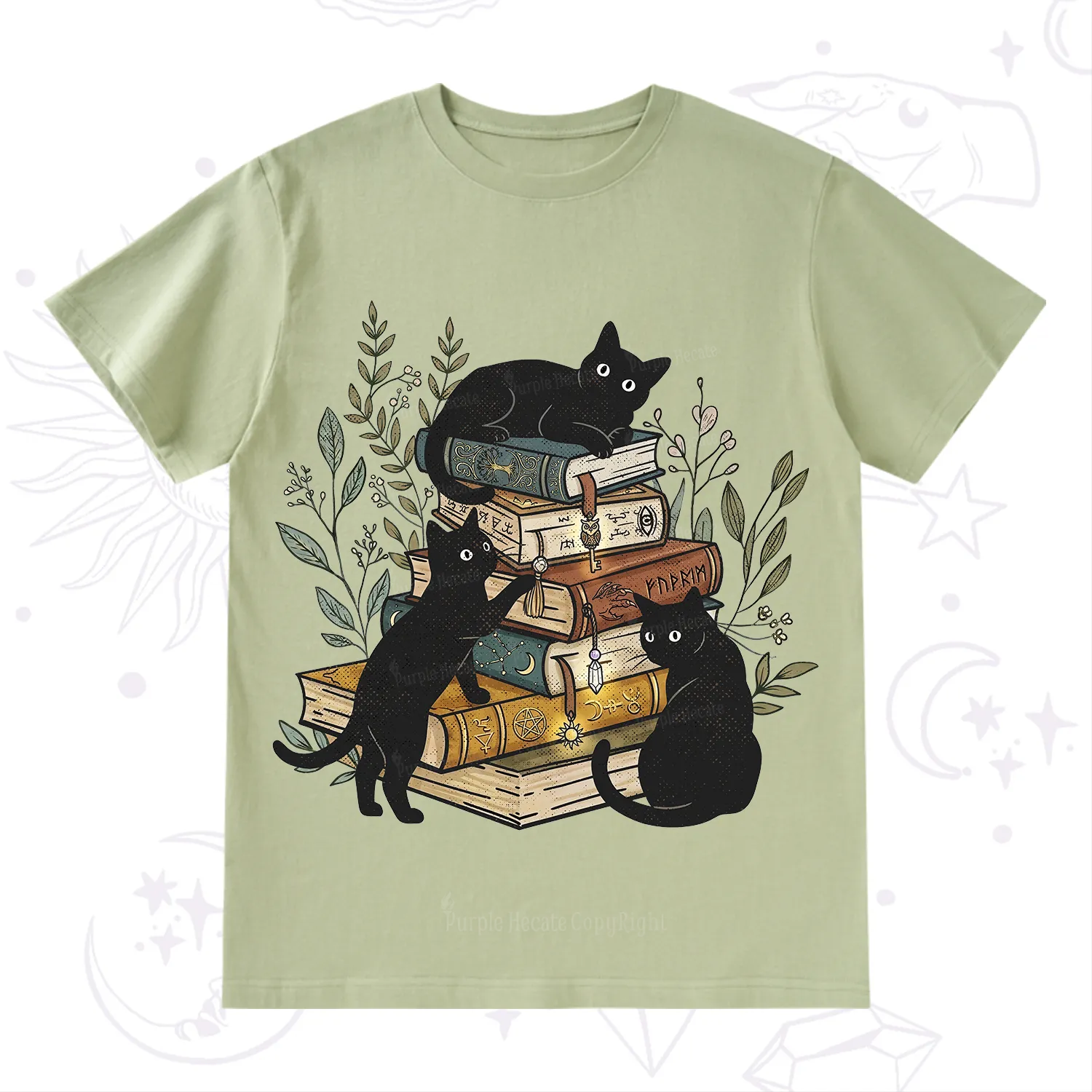 Purplehecate Enchanted Library Three Black Cats T-Shirt