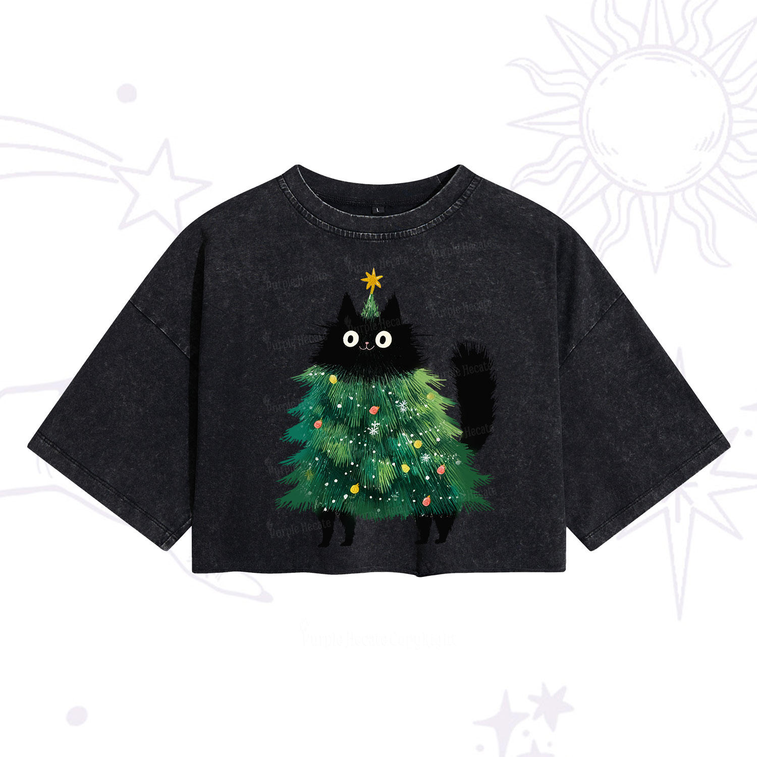 Purplehecate Black Cats Christmas Tree Christmas Washed Cropped T-Shirt