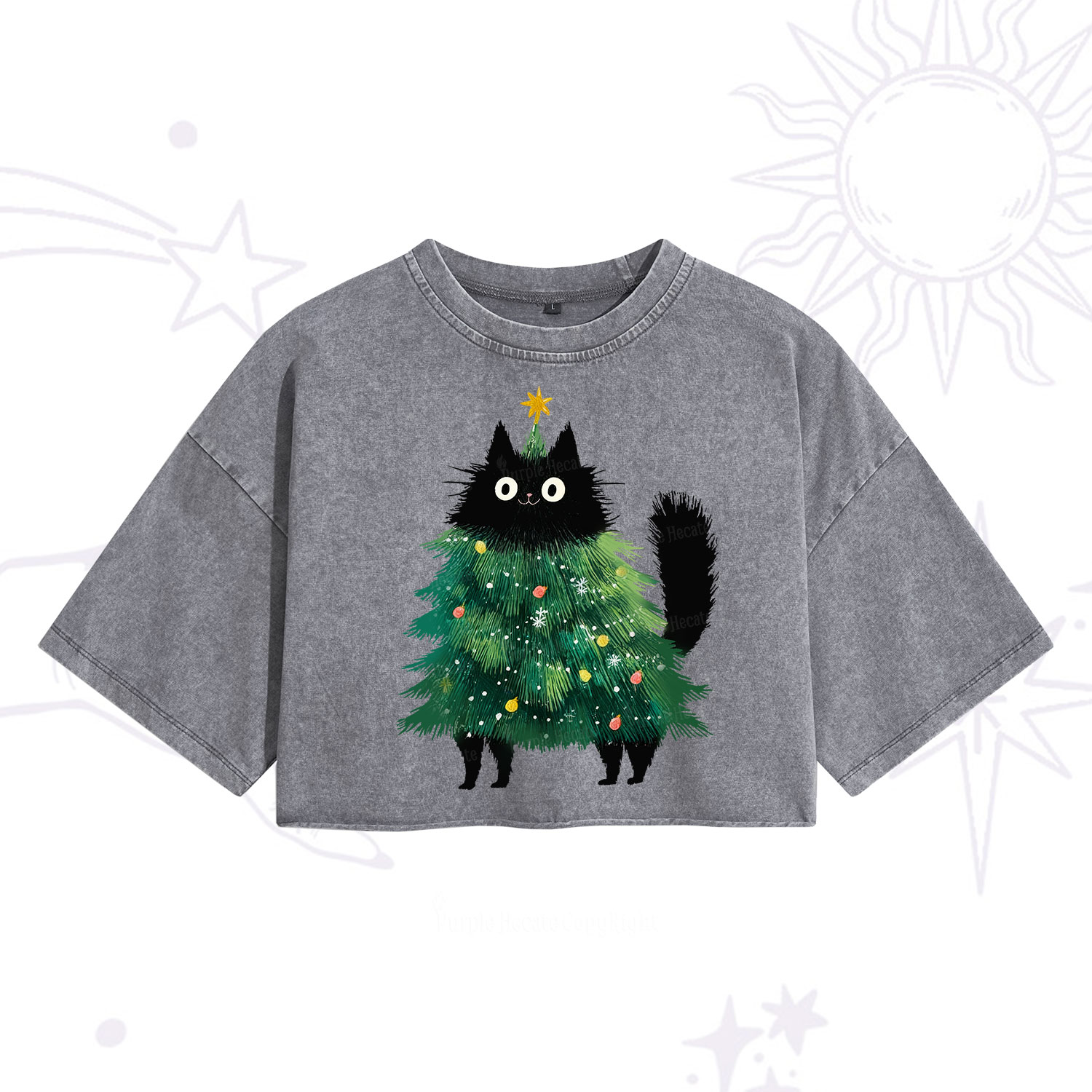 Purplehecate Black Cats Christmas Tree Christmas Washed Cropped T-Shirt