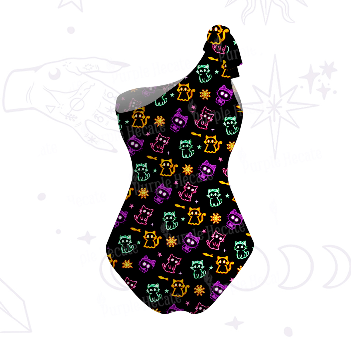 Purplehecate Neon Cat Party One-Shoulder One-Piece Swimsuit