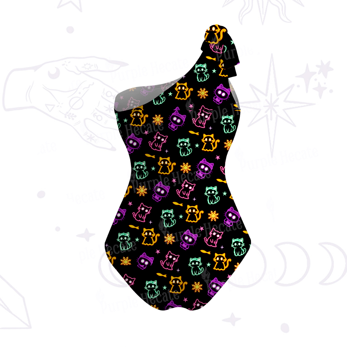 Purplehecate Neon Cat Party One-Shoulder One-Piece Swimsuit