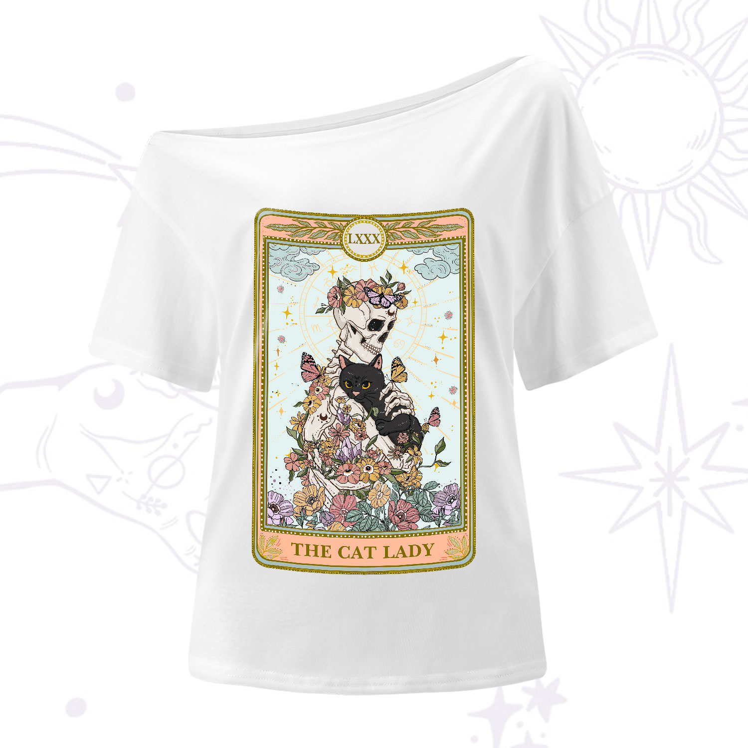Purplehecate The Cat Lady Skeleton Tarot One-Shoulder T-Shirt