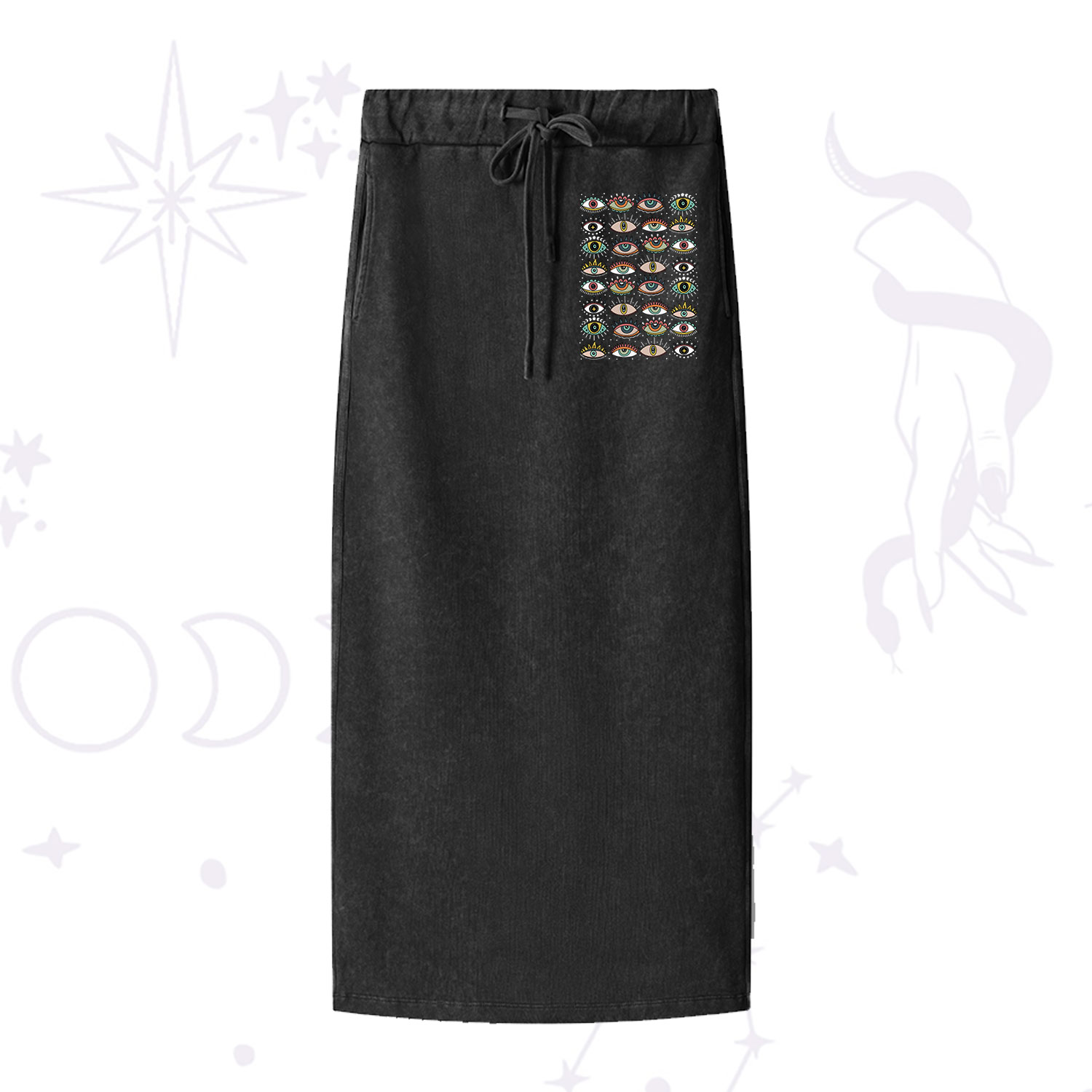 Purplehecate Evil Eye Pattern Washed Drawstring Long Skirt