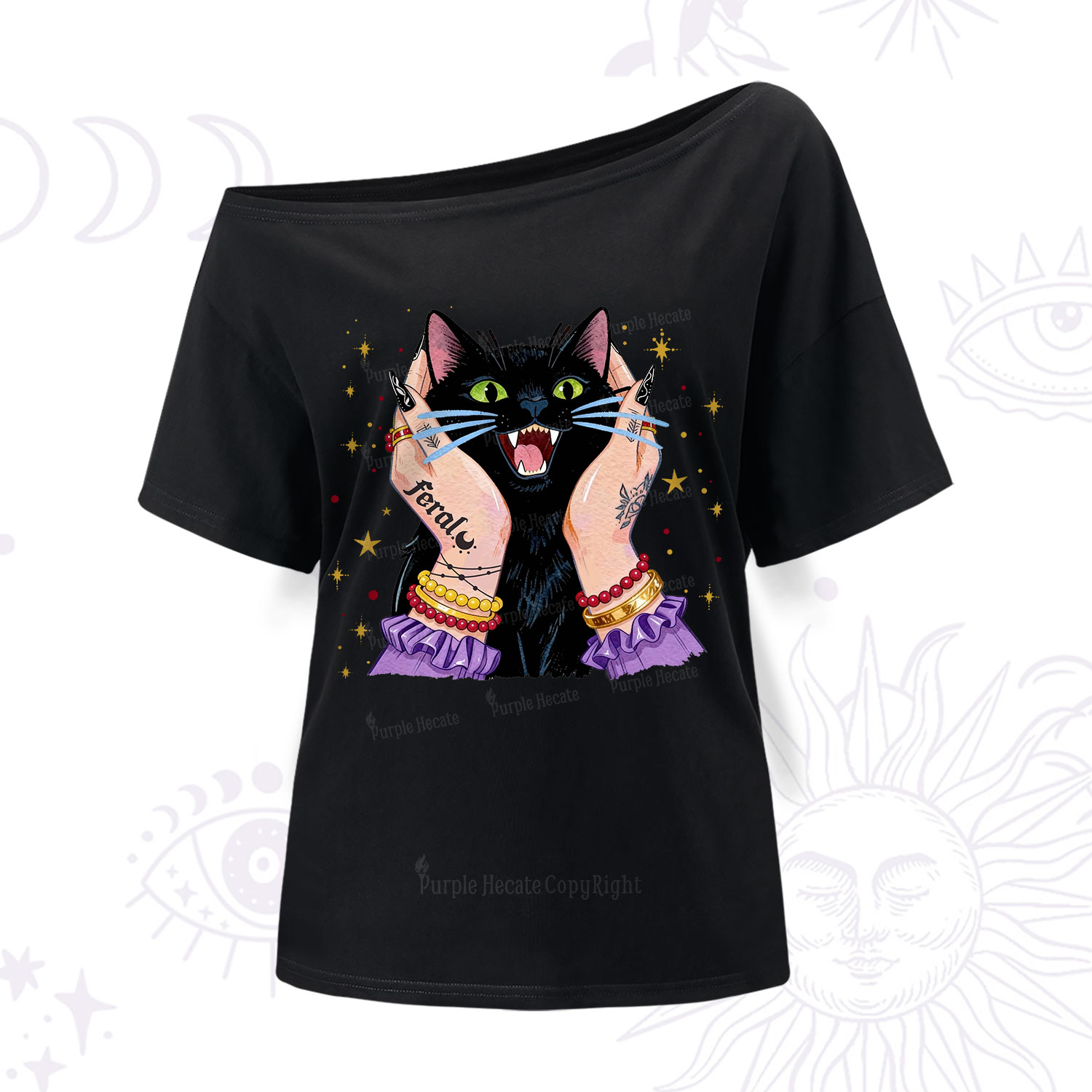 Purplehecate Feral Cat Magic One Shoulder T-Shirt