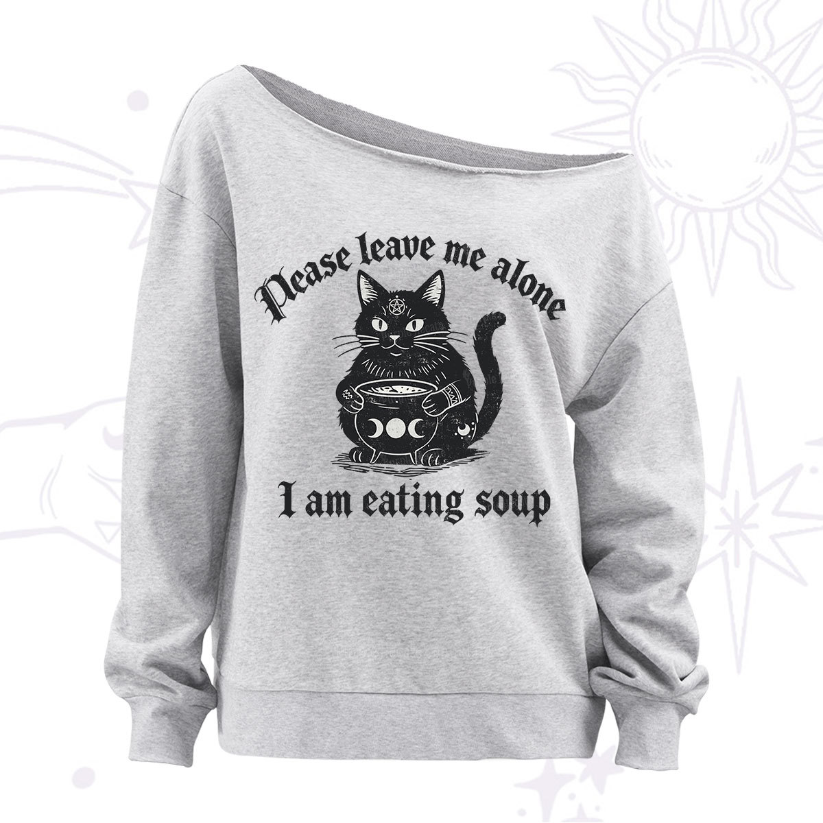 Purplehecate Magic Cat Eating Soup Off The Shoulder Sweatshirt