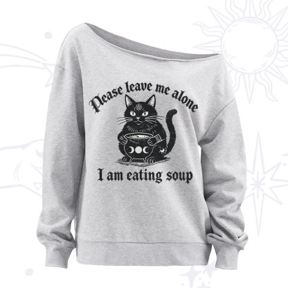 Purplehecate Magic Cat Eating Soup Off The Shoulder Sweatshirt