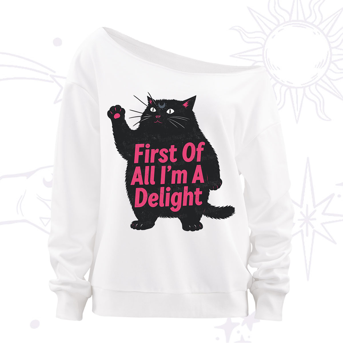 Purplehecate First Of All I'm A Delight Cat Off The Shoulder Sweatshirt