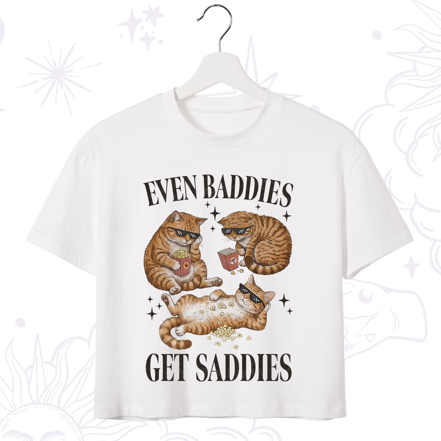 Purplehecate Even Baddies Get Saddies Funny Cat Crop T-Shirt