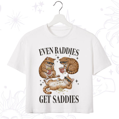 Purplehecate Even Baddies Get Saddies Funny Cat Crop T-Shirt